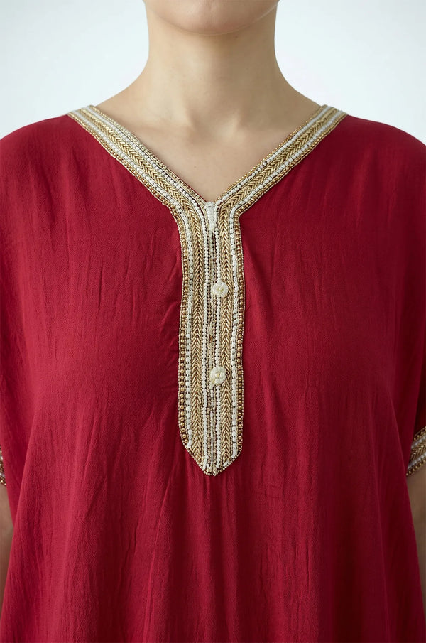Naylara Talitha Farasha Moroccan Kaftan Dress Red – Gold & Silver Sfifa Braid Close-Up