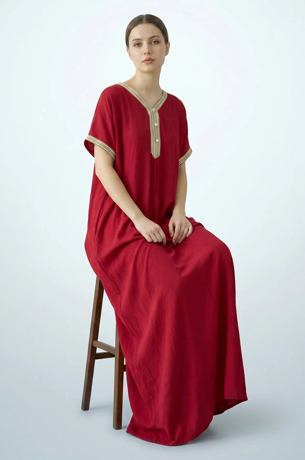 Naylara Talitha Farasha Moroccan Kaftan Dress Red – Seated Editorial View