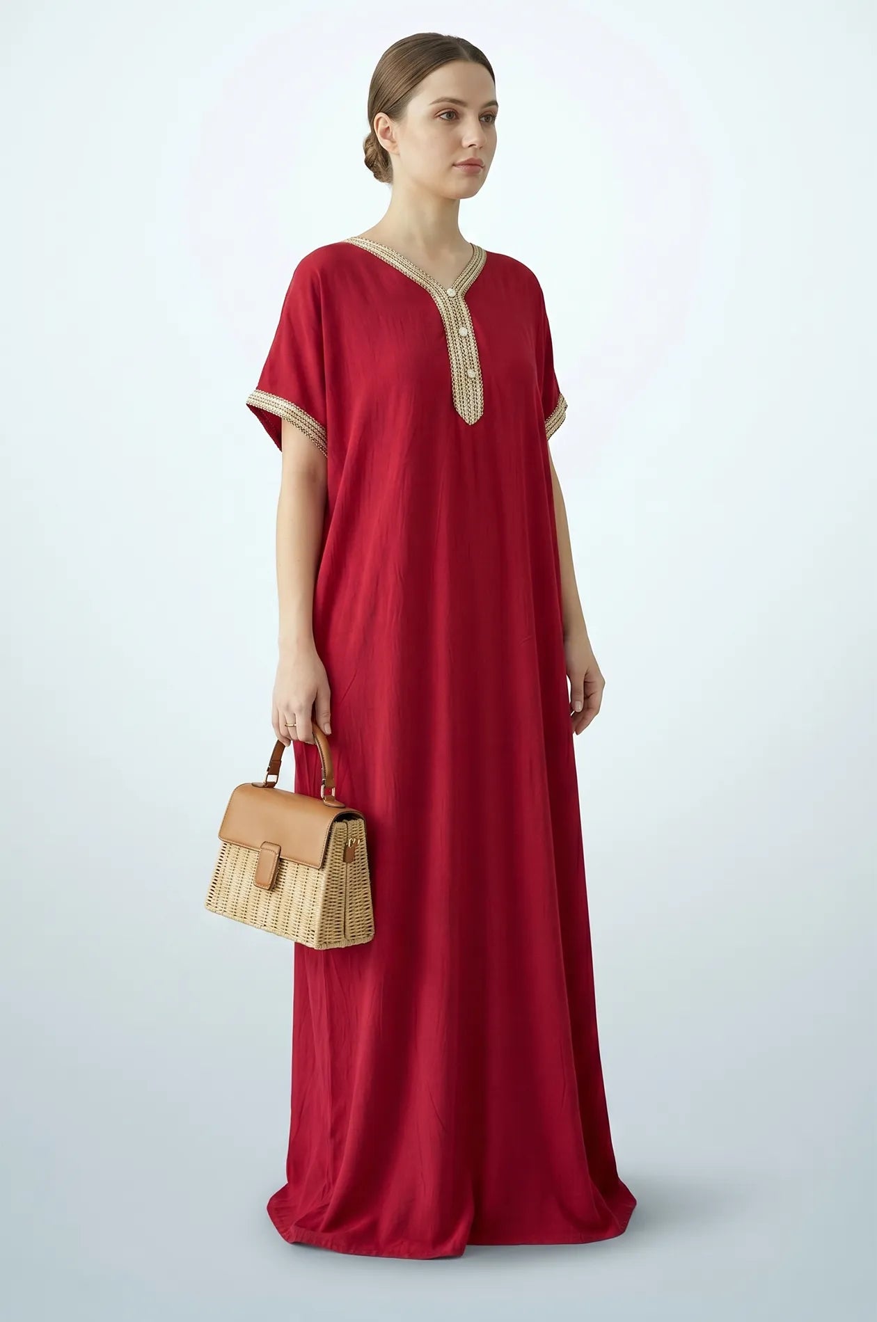 Naylara Talitha Farasha Moroccan Kaftan Dress Red – Side View Styled with Handbag