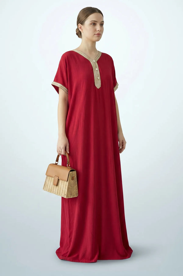 Naylara Talitha Farasha Moroccan Kaftan Dress Red – Side View Styled with Handbag