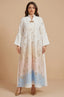 Full-length front view of the Tayla Botanical Kaftan in Light Blue featuring metallic silver floral embroidery and a soft ombré gradient.