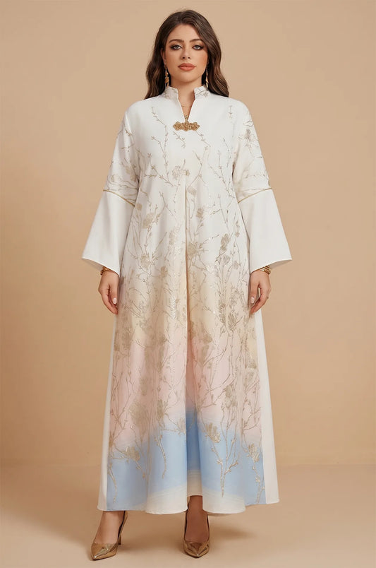 Full-length front view of the Tayla Botanical Kaftan in Light Blue featuring metallic silver floral embroidery and a soft ombré gradient.