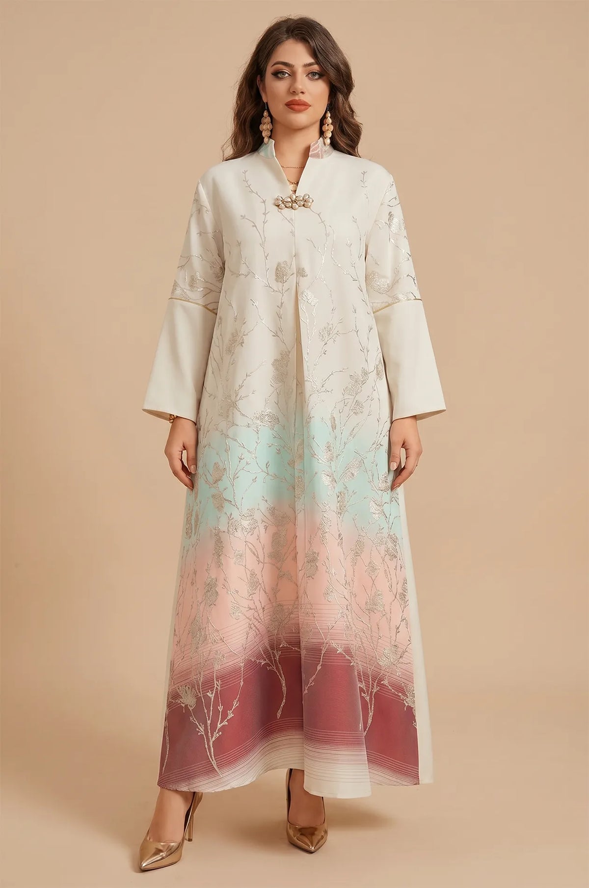 Full front view of the Tayla Botanical Kaftan in Red featuring a white to burgundy gradient hem and metallic silver floral embroidery.