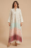 Full front view of the Tayla Botanical Kaftan in Red featuring a white to burgundy gradient hem and metallic silver floral embroidery.