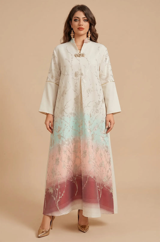 Full front view of the Tayla Botanical Kaftan in Red featuring a white to burgundy gradient hem and metallic silver floral embroidery.