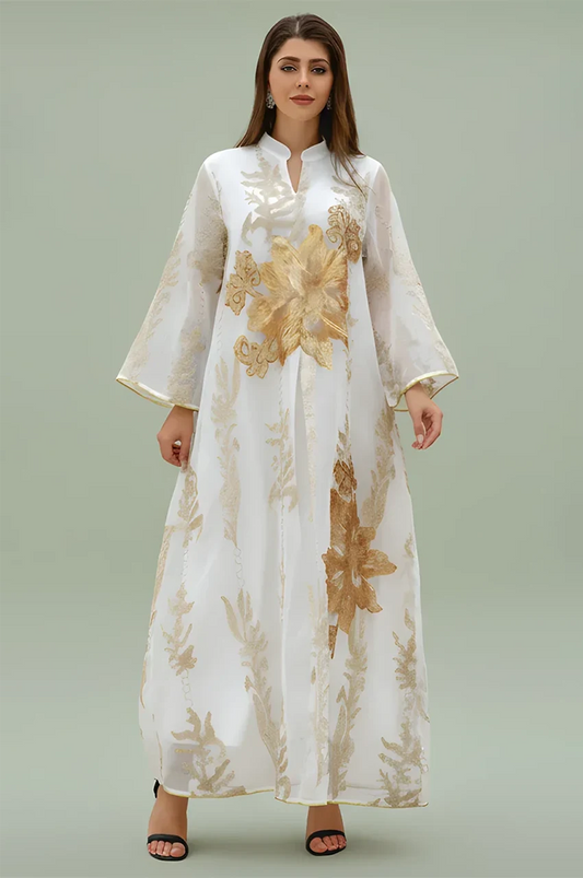 Front view of the Naylara White Maliya Flower Kaftan featuring gold sequin floral embroidery on sheer organza.