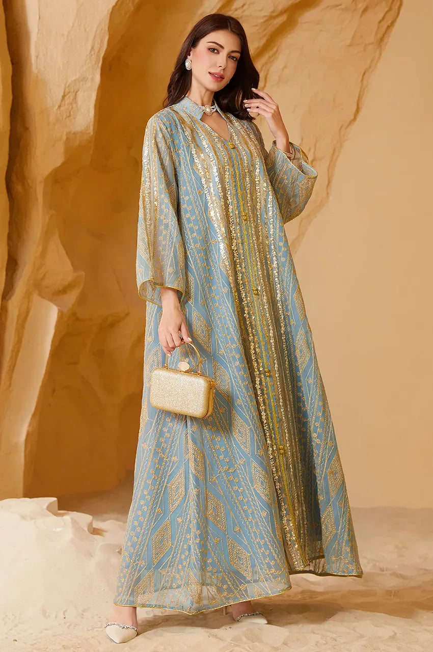 Angled shot of the Yara Seafoam Green Kaftan, perfect for modest wedding guest attire.