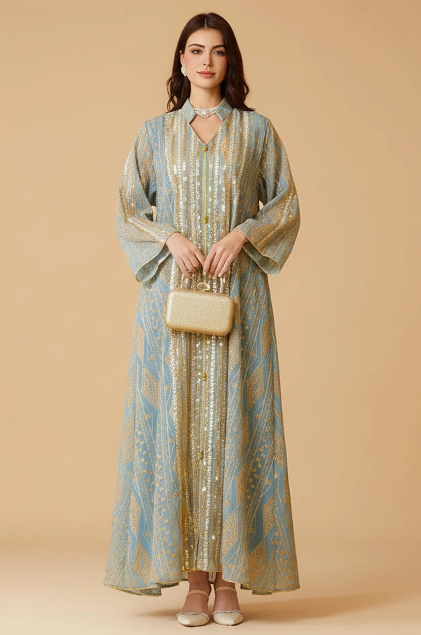 Front view of Naylara Yara Green Syrian Kaftan featuring gold vertical sequin embroidery.