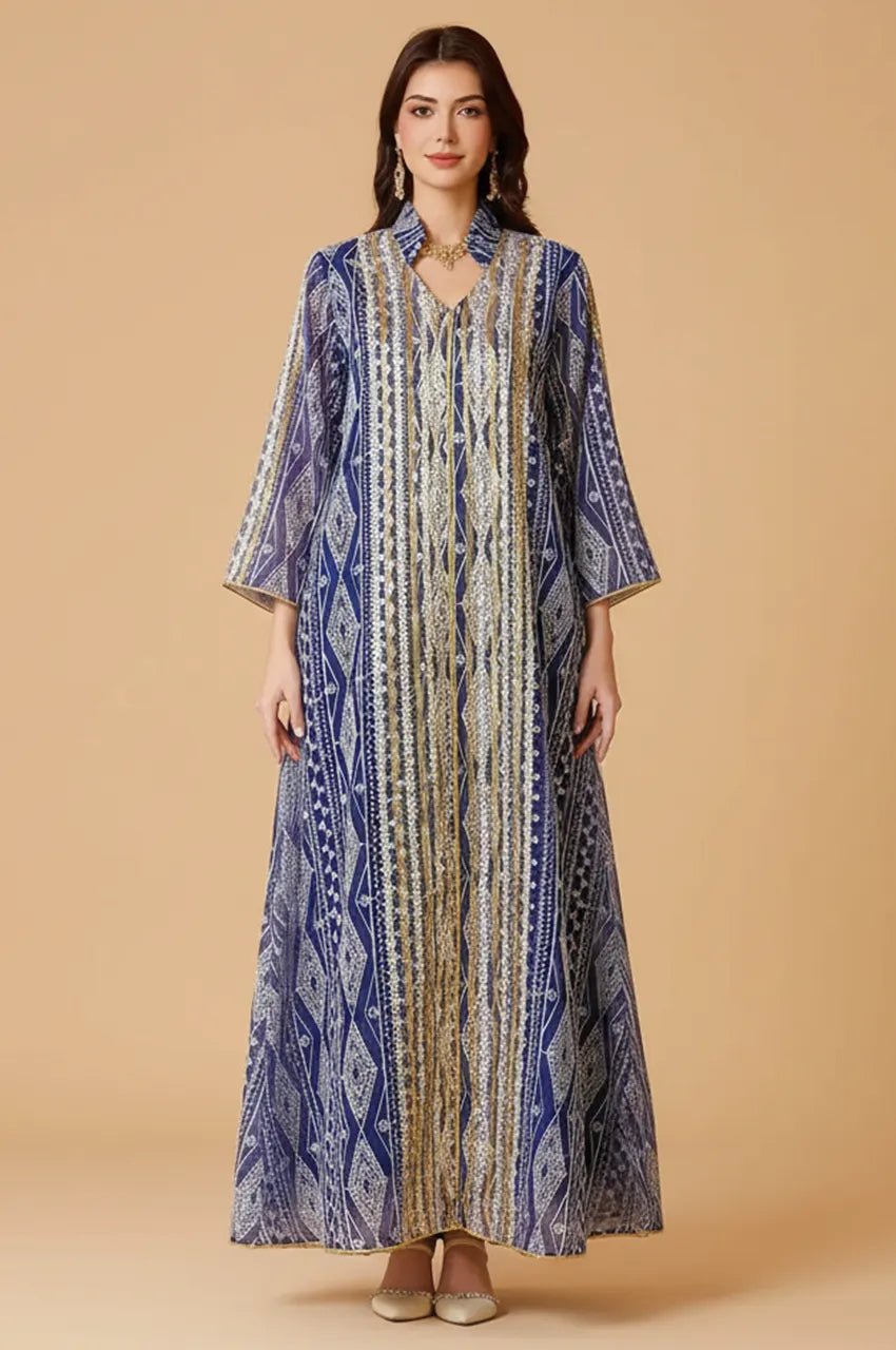 Naylara Yara Royal Blue Syrian Kaftan standing pose, featuring premium geometric embroidery and modest design.