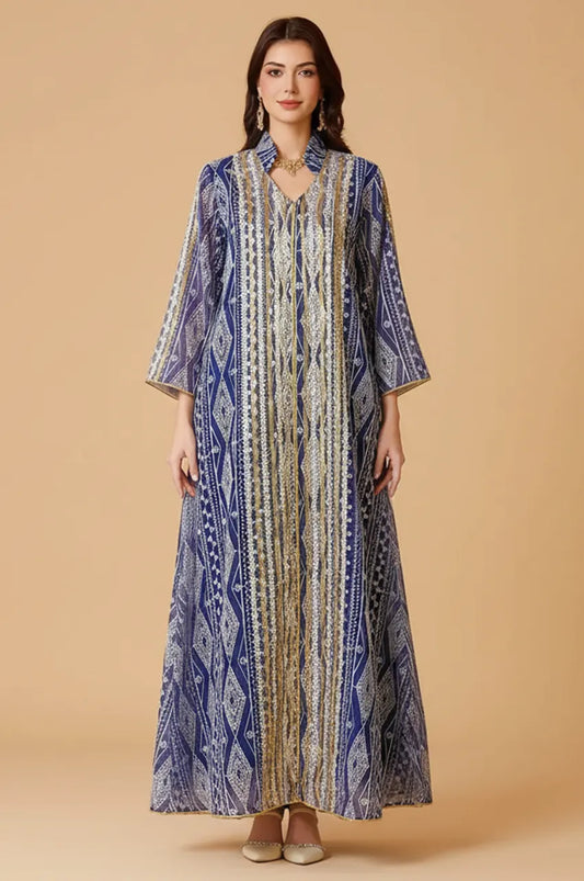 Naylara Yara Royal Blue Syrian Kaftan standing pose, featuring premium geometric embroidery and modest design.