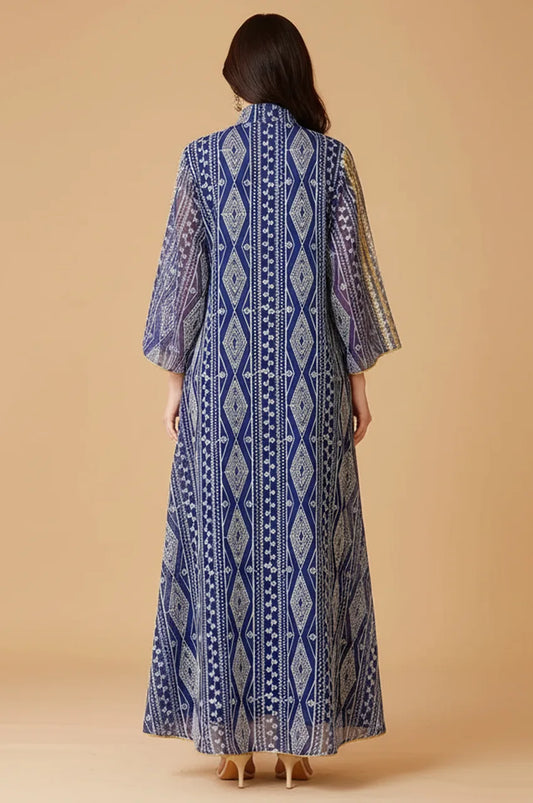 Back view of the Yara Blue Syrian Kaftan showing the continuous vertical pattern and structured high collar.