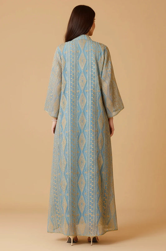 Full back view of the Yara Green Kaftan showing the continuous vertical patterns and floor-length hem.