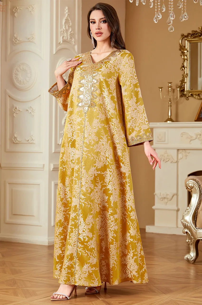 Stylish Zafra mustard yellow kaftan dress modeled for special occasions and parties.
