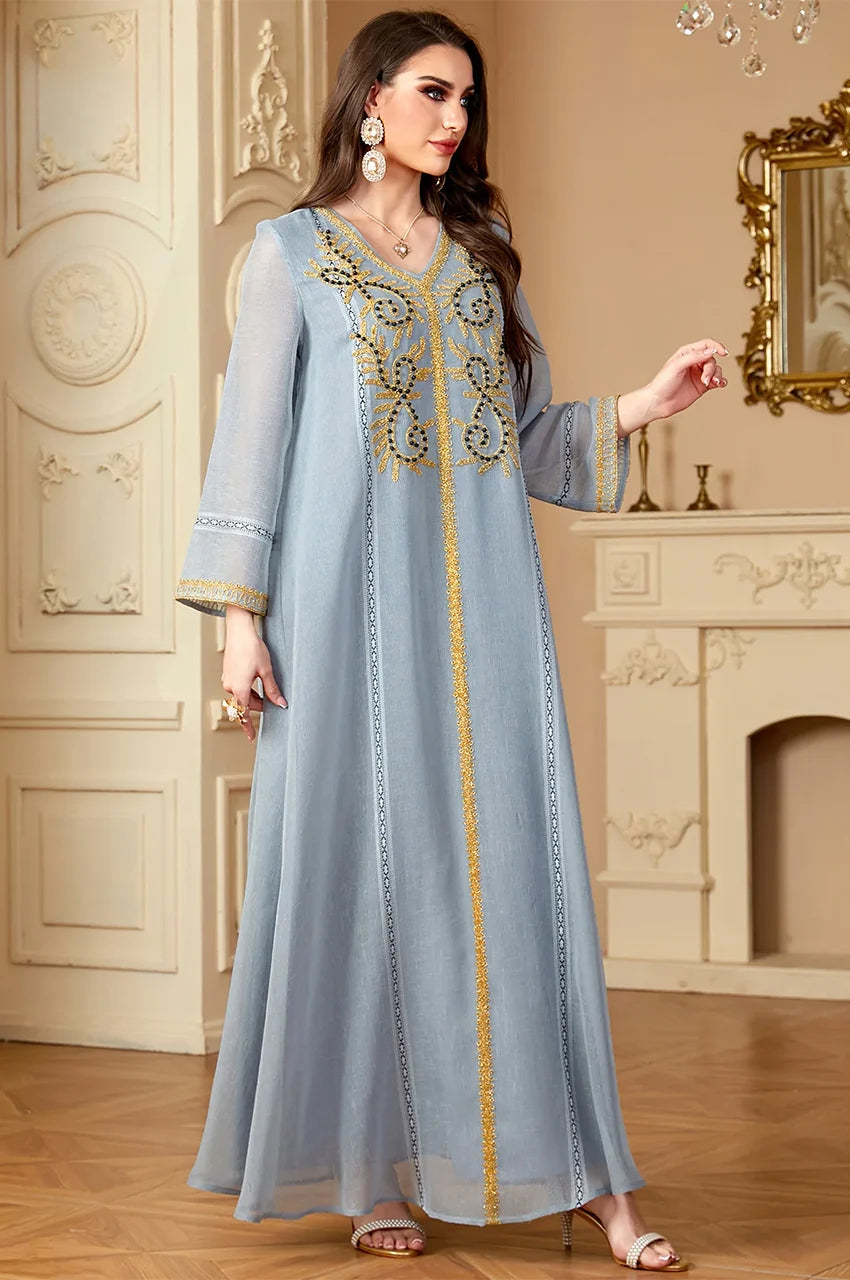 Elegant Zaliya Gray embroidered kaftan perfect for wedding guests, showing full length design.