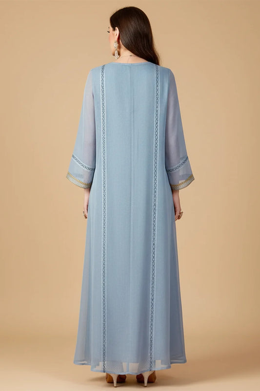 Back view of Zaliya Gray Egyptian kaftan showing vertical piping details and A-line silhouette.