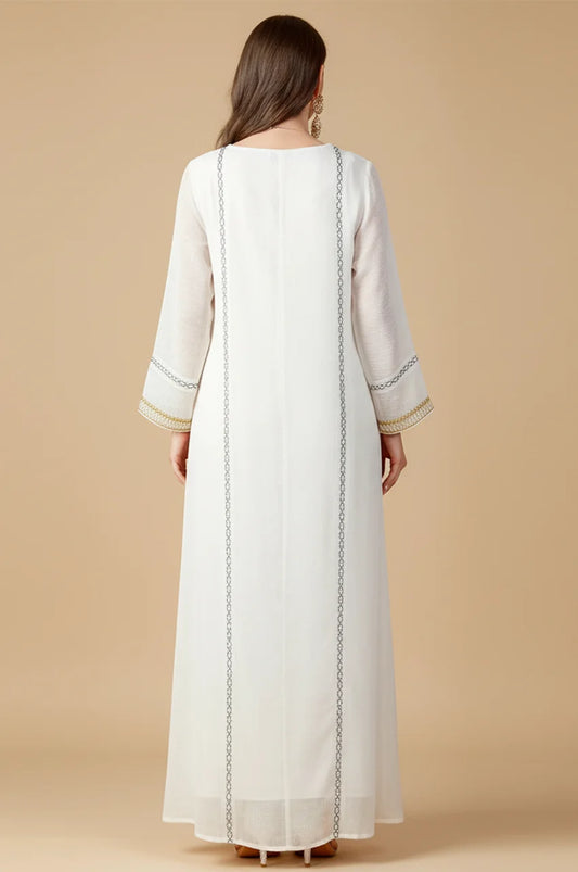 Back view of Zaliya White modest dress showing vertical slimming piping and A-line cut.