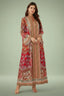 Full-length front view of the Zarin Red Hand Printed Kaftan with paisley patchwork.