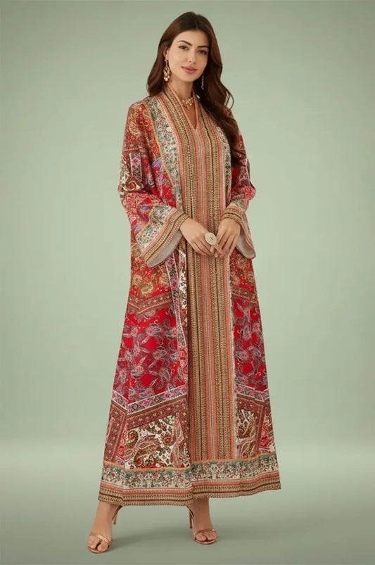 Full-length front view of the Zarin Red Hand Printed Kaftan with paisley patchwork.