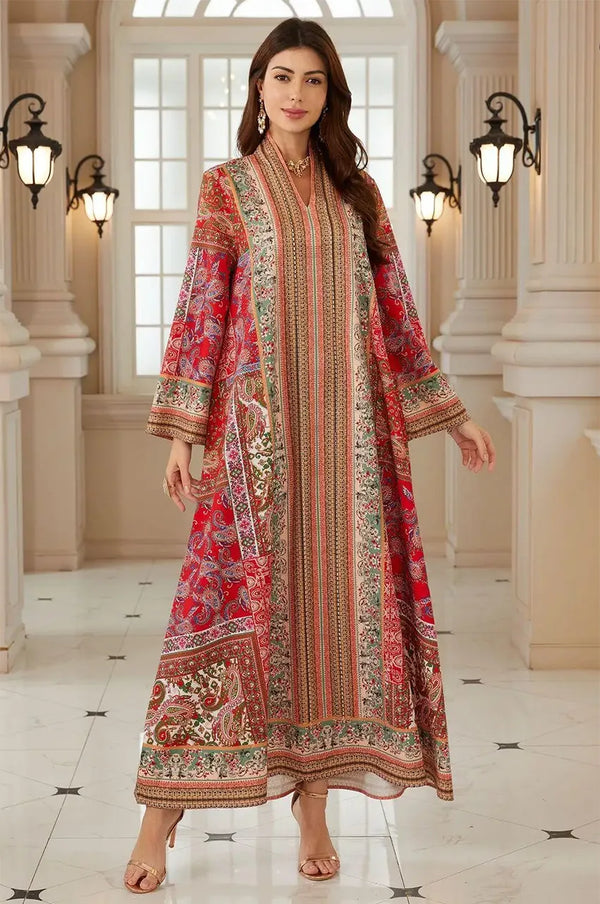 Model wearing the Zarin Red Hand Printed Kaftan in a luxury architectural setting.