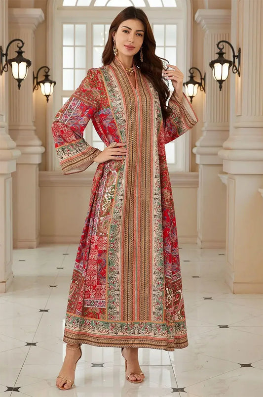 Fashion pose of the Zarin Hand Printed Kaftan highlighting sleeve and waist detail.