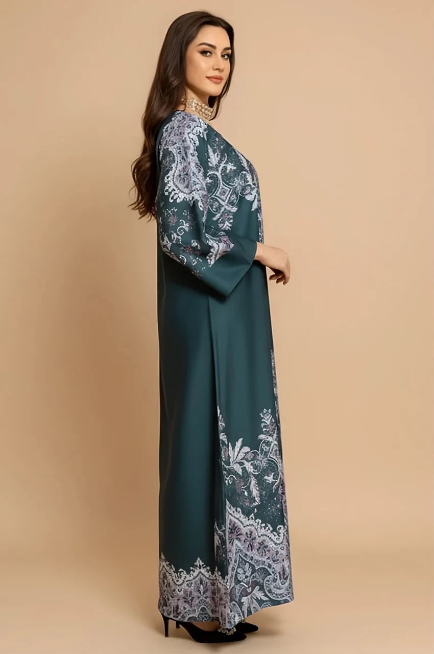 Side profile of woman wearing Nayra long sleeve gota patti kaftan showing fluid fabric drape.