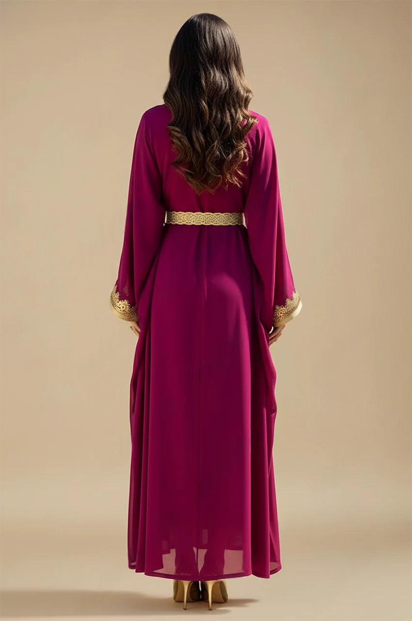 Back view of the NAYRA hot pink long sheer kaftan showing the graceful chiffon drape.