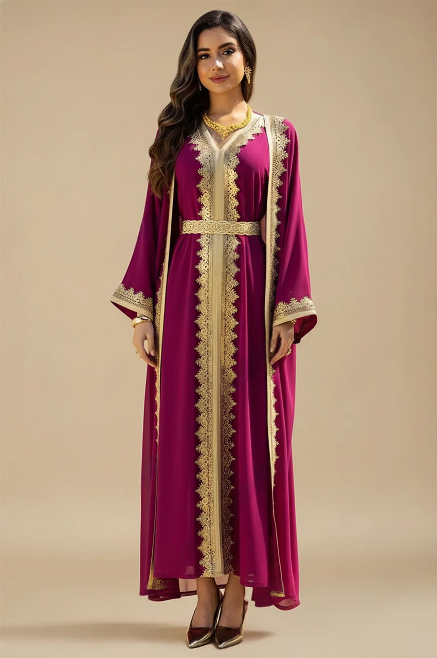 Full front view of the hot pink long sheer kaftan featuring gold Sfifa embroidery.