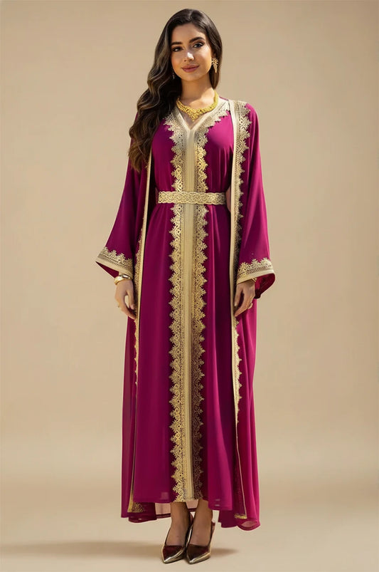 Full front view of the hot pink long sheer kaftan featuring gold Sfifa embroidery.