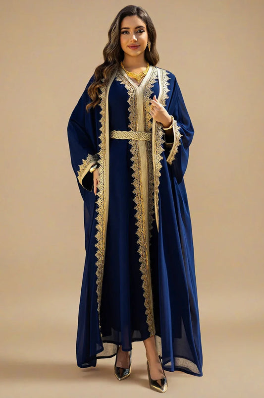 Full front view of NAYRA 2-piece royal blue long sheer kaftan with gold embroidery.