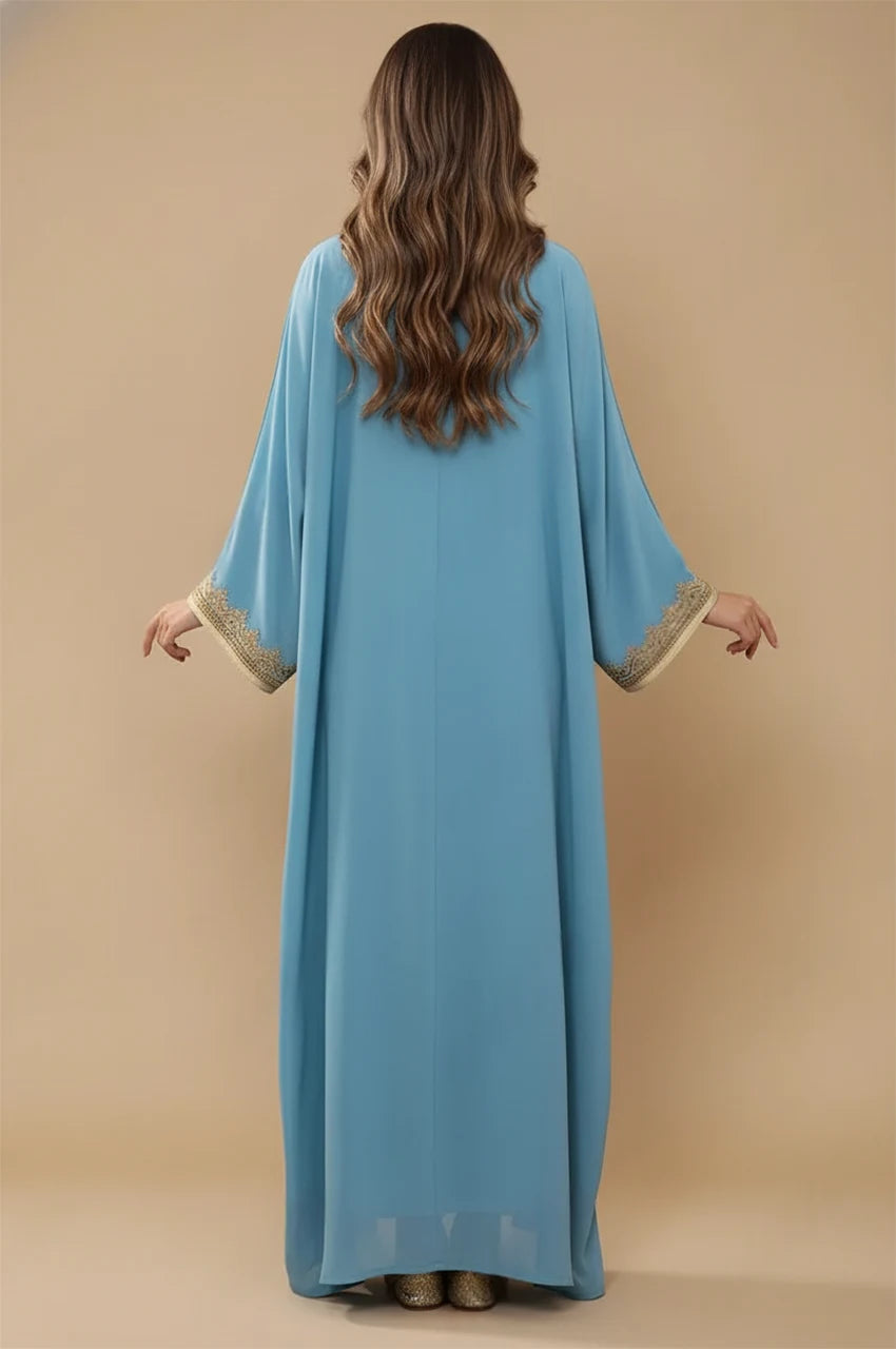 Back view of the NAYRA sky blue long sheer kaftan showing the floor-length chiffon drape.