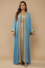 Full front view of the NAYRA sky blue 2-piece set, an elegant long sheer kaftan.