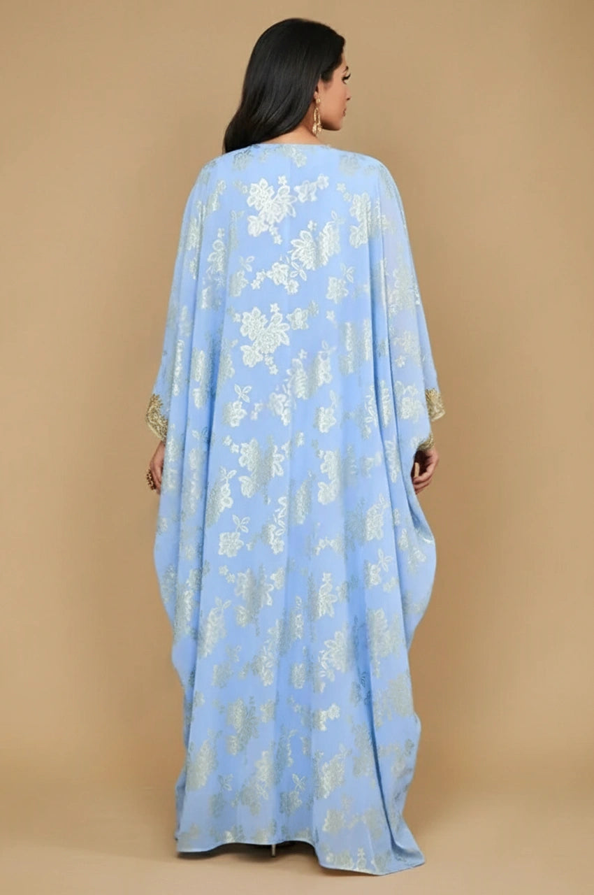 Back view of the Nehya light blue Arabic kaftan abaya with flowing chiffon layers.