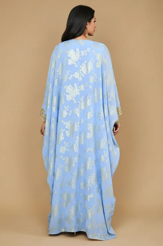 Back view of the Nehya light blue Arabic kaftan abaya with flowing chiffon layers.