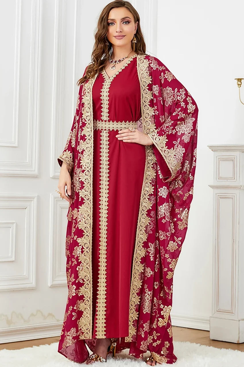 Waist embroidery on the Nehya red and gold 2-piece floral print kaftan dress.