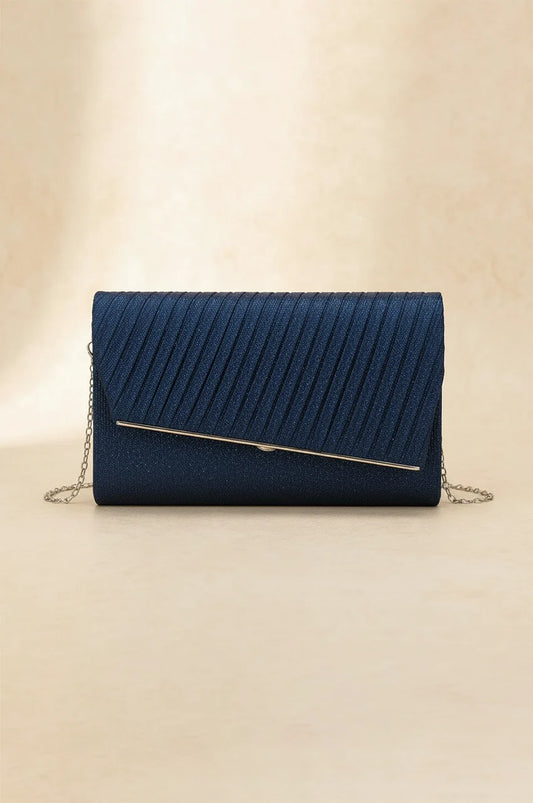 Front view of night blue pleated envelope clutch featuring a shimmer finish and silver metal edge trim.