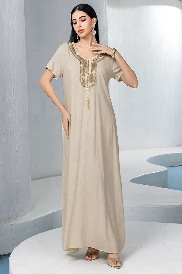 Front view of the short-sleeved inner dress of the Ninon kaftan set.