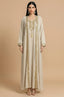 Full front view of Ninon plus size linen kaftan in beige with gold embroidery.