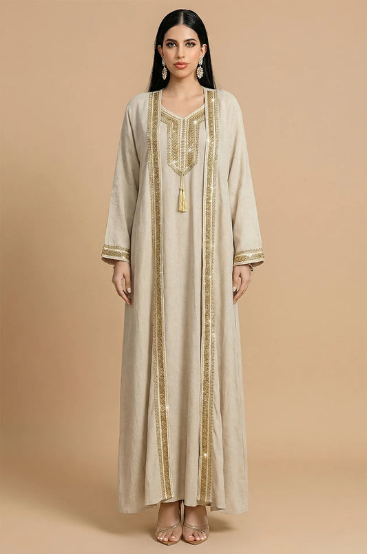 Ninon Ornate Gold Plus Size Linen Kaftan in Apricot Beige