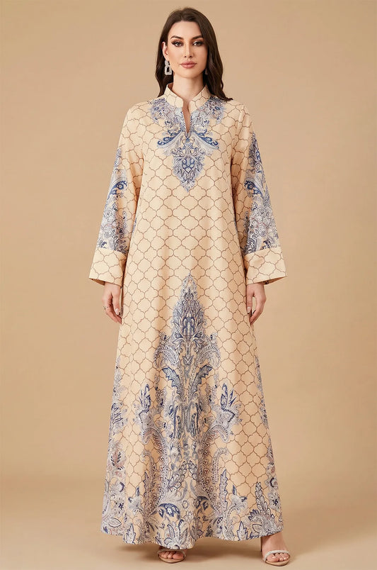 Full front studio shot of the Nirea beige paisley print kaftan, showcasing the symmetrical floral motifs and mandarin collar.
