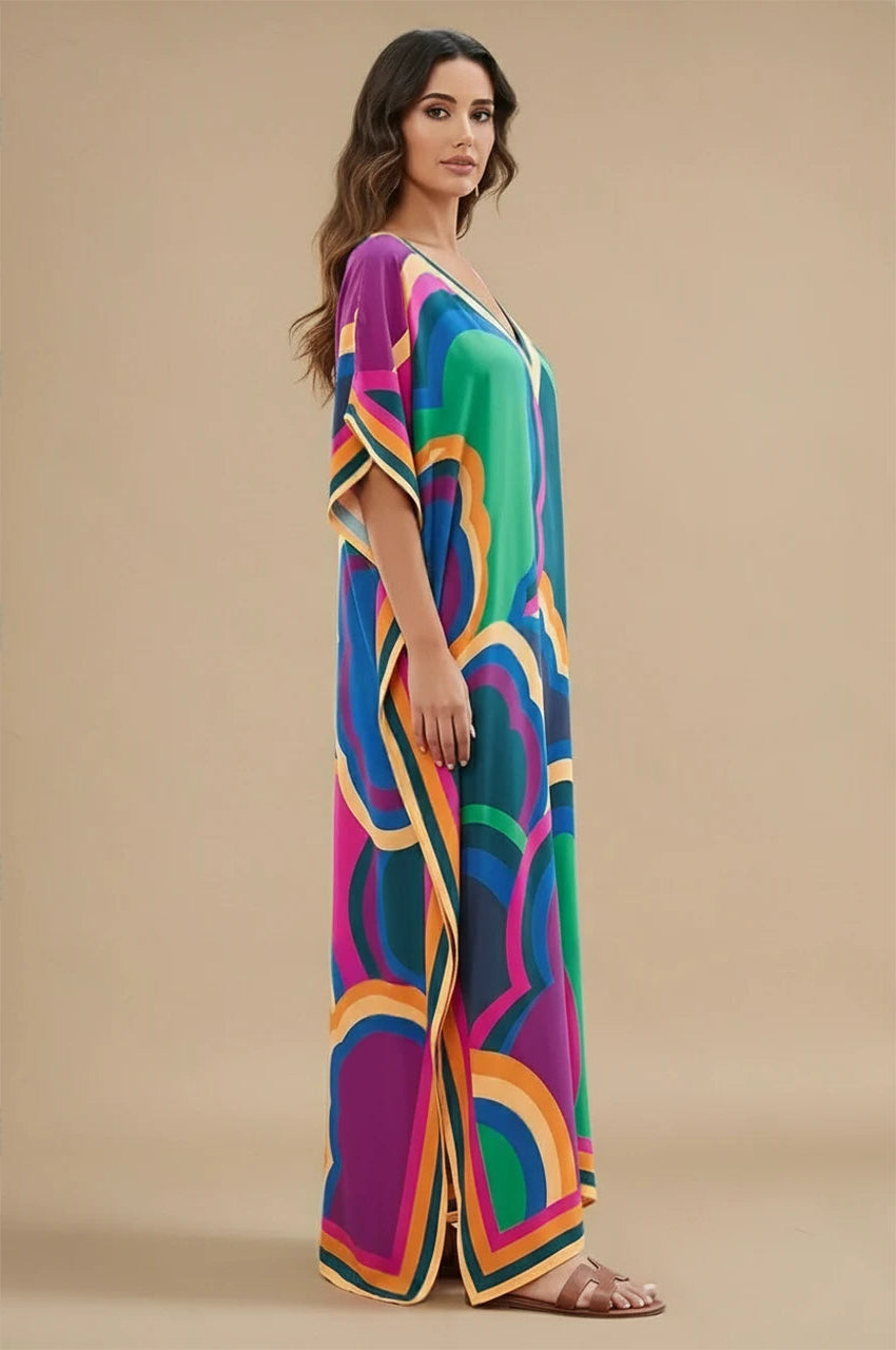 Novah Purple Tropical Kaftan side view with vibrant multicolor wave print