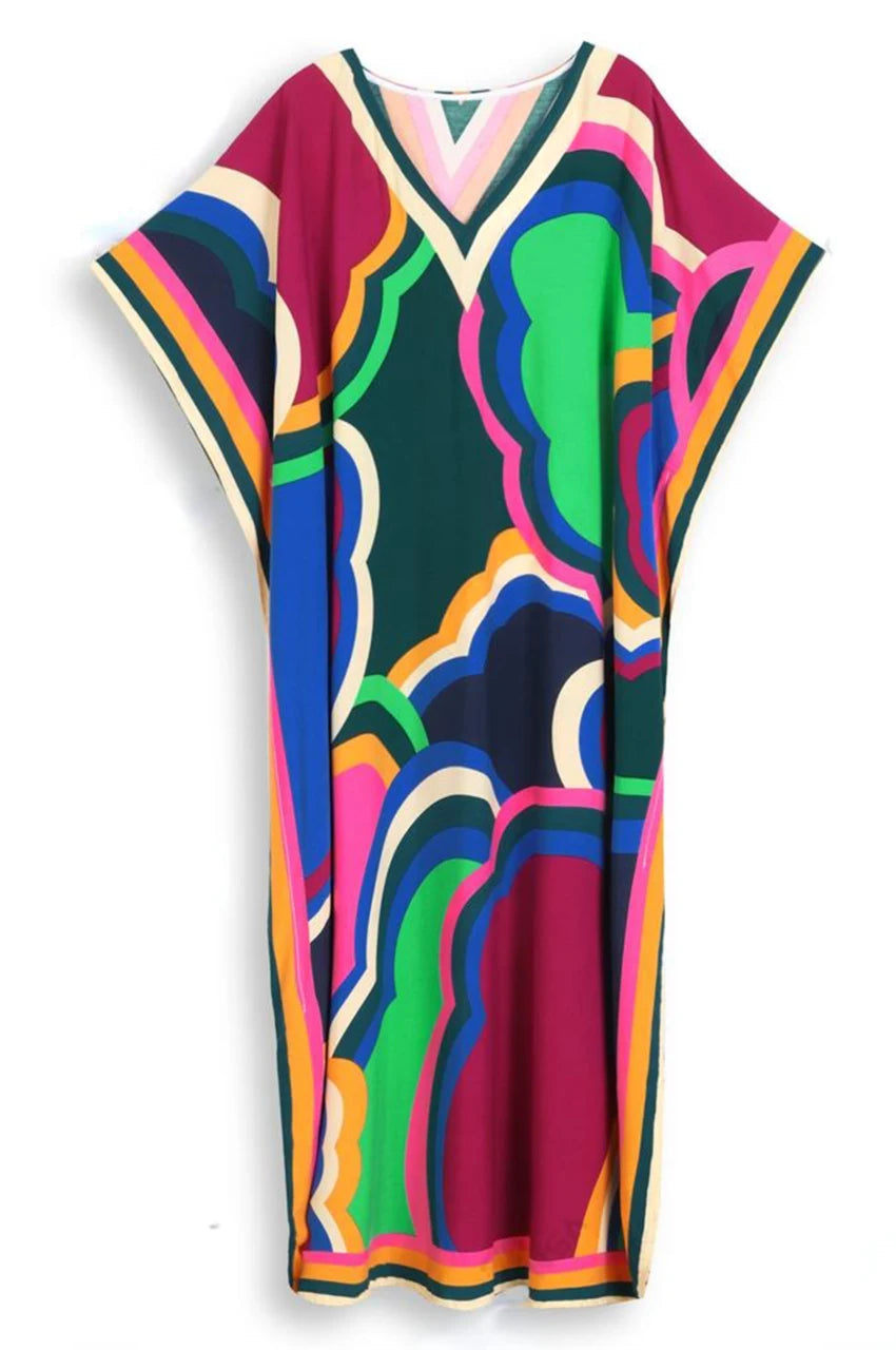 Flat lay front view of Novah Purple Tropical Kaftan on white background