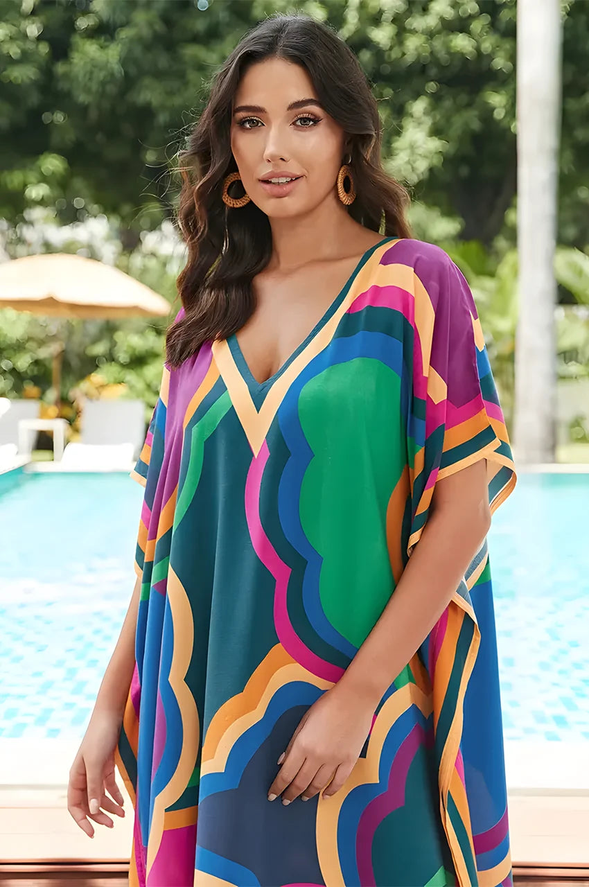 Close-up of Novah Purple Tropical Kaftan neckline and vivid tropical colors