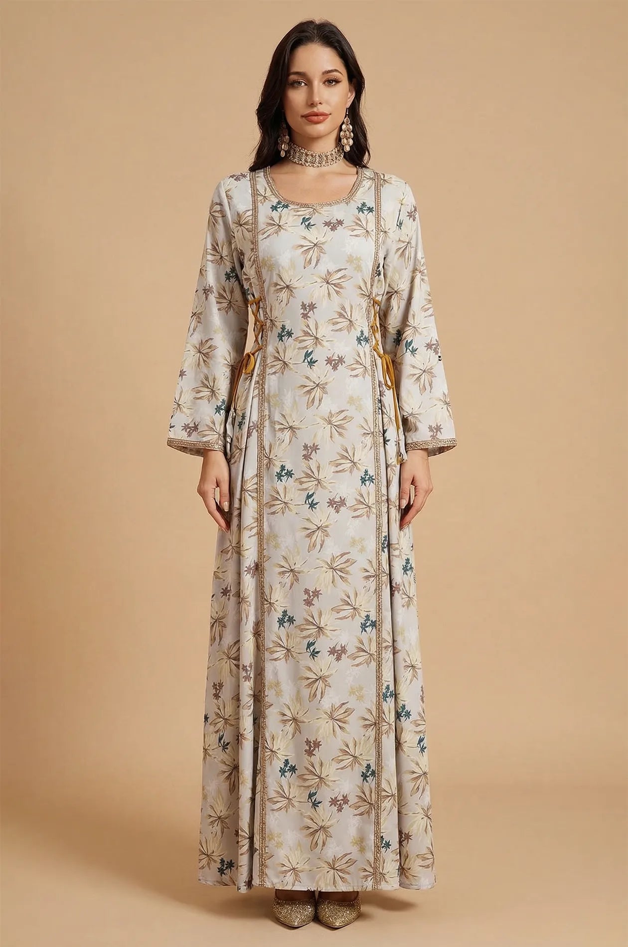 Front view of Nysria earthy floral boho kaftan maxi dress at Naylara.