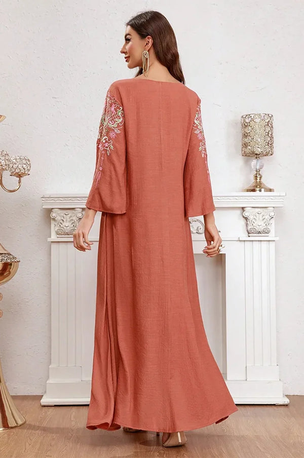 Rear angle view of the Oraya kaftan dress showing modest fit and length.