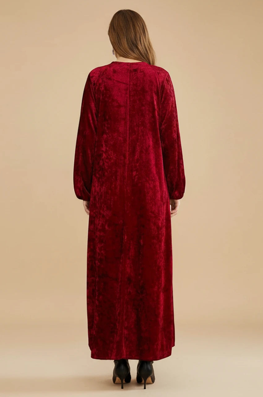 Back view of the long sleeve ruby velvet kaftan dress.