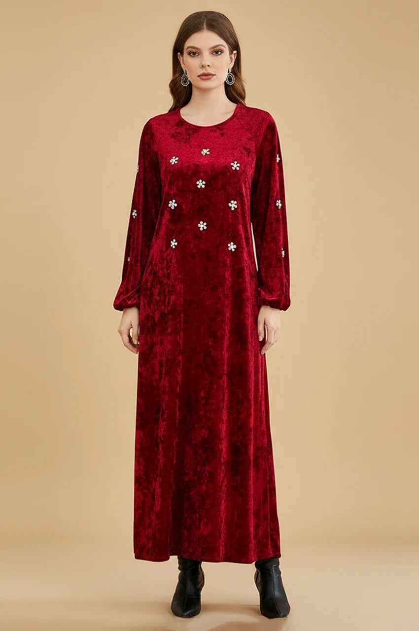 Full front view of Oriya ruby kaftan dress in velvet with crystal details.