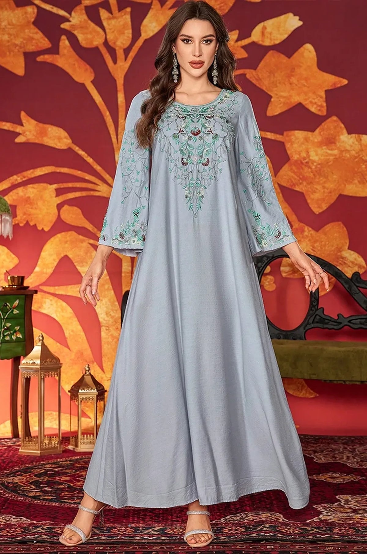 Full body shot of the Petra dusty blue floral kaftan.