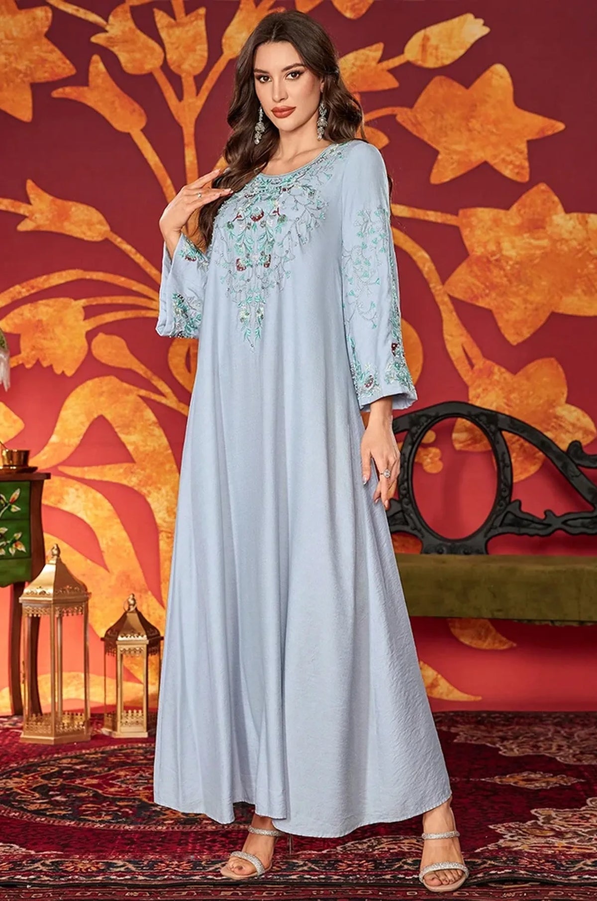 Full-length silhouette of the Petra kaftan for formal occasions.