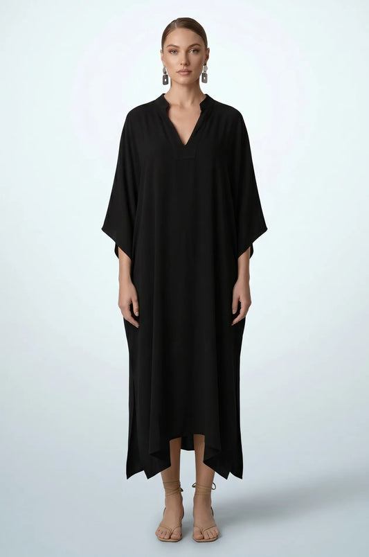 Full length front view of black minimalist plain kaftan with kimono sleeves