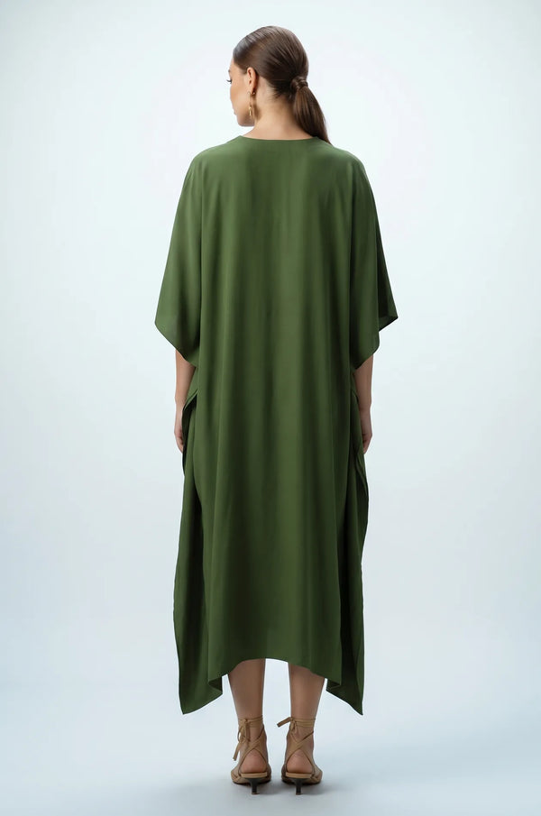 Back view of olive green plain maxi kaftan with draped hem